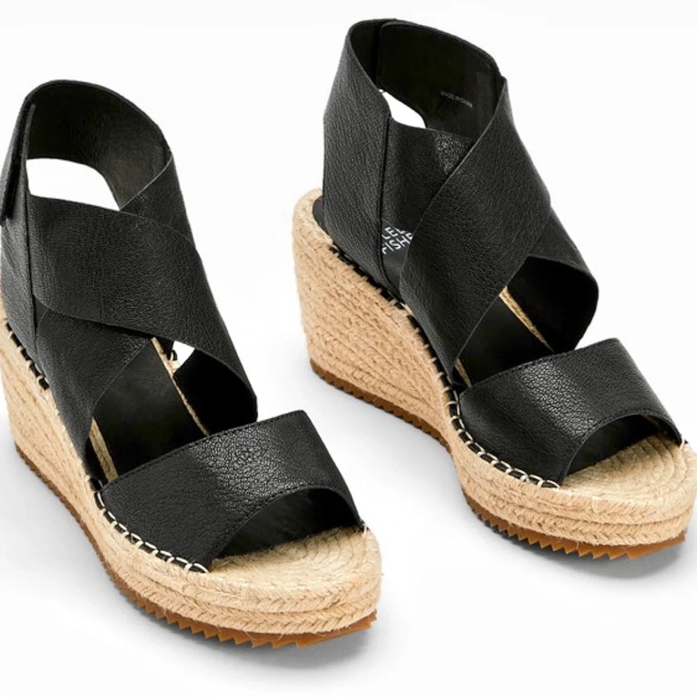 Eileen Fisher Willow Black Wedge Espadrille Platform Leather Sandals Size 8